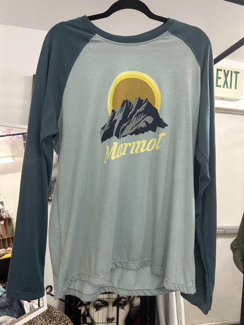 Marmot Raglan Mountain Graphic Long Sleeve Tee - Teal & Light Yellow